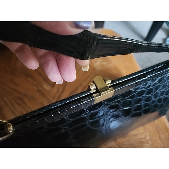 Black Escort Genuine Leather Inside Structured Frame Handbag Purse Alligator Fon - Picture 13 of 16